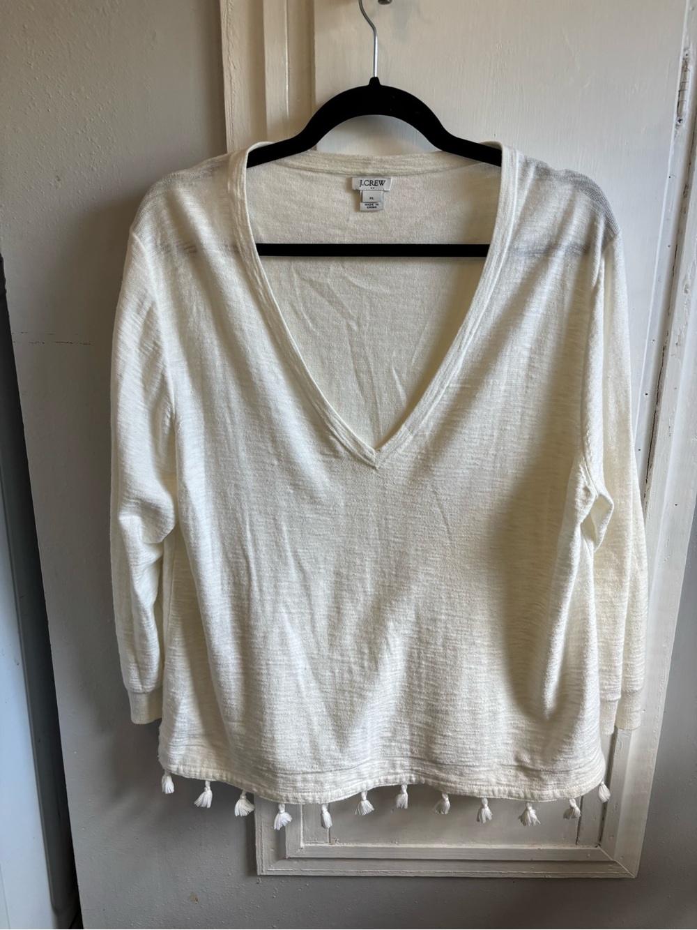 J. Crew Cream V-Neck Tassel Hem Pullover